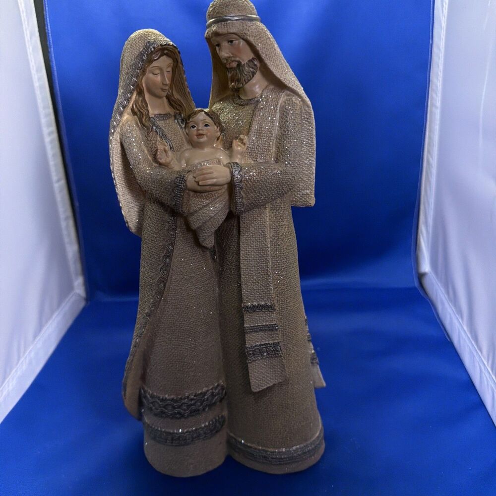 Holy Family Nativity Statue 12" Knit-Effect Resin Mary Joseph Jesus - Excellent